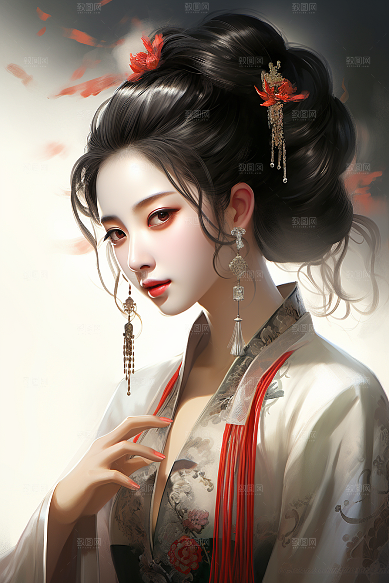 新中式美女中国风水墨插画
