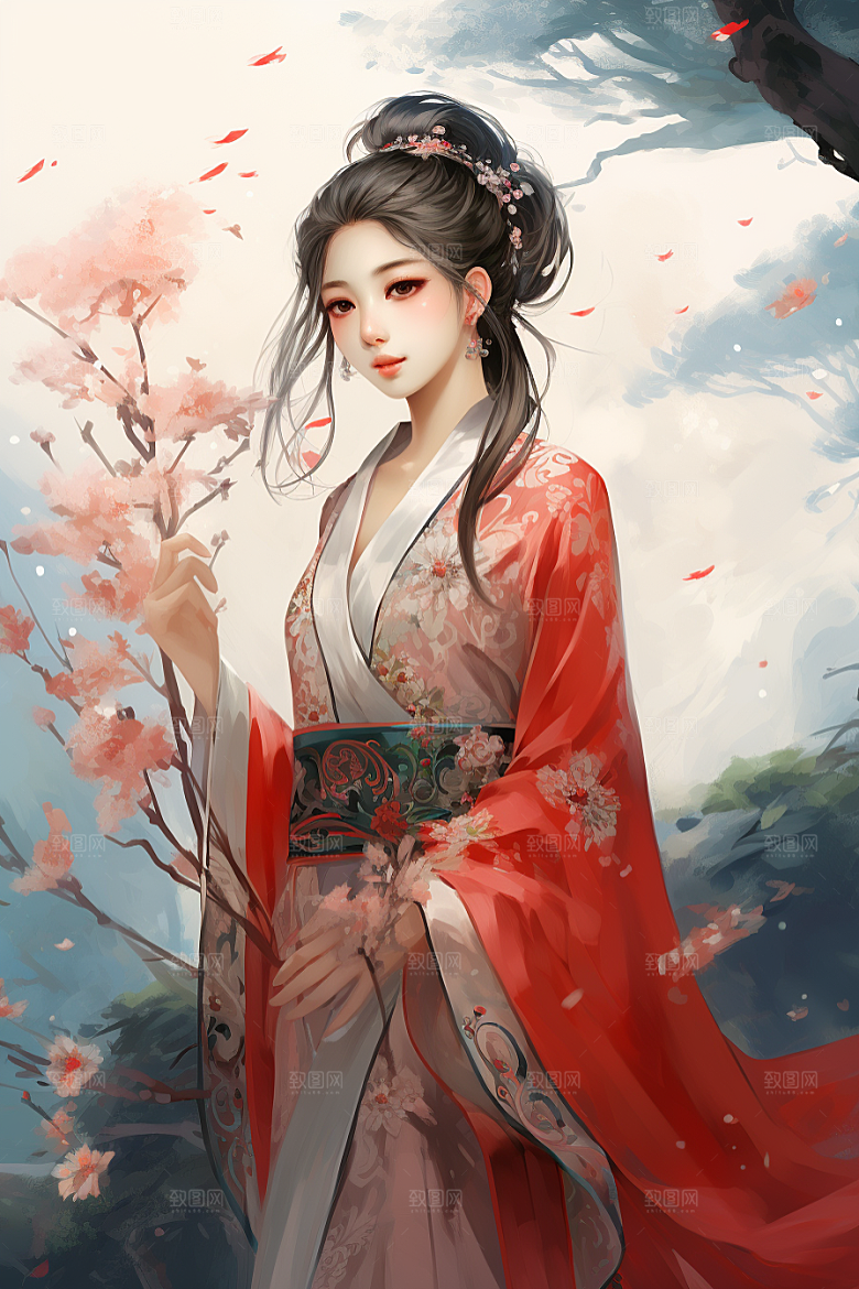 新中式美女中国风水墨插画