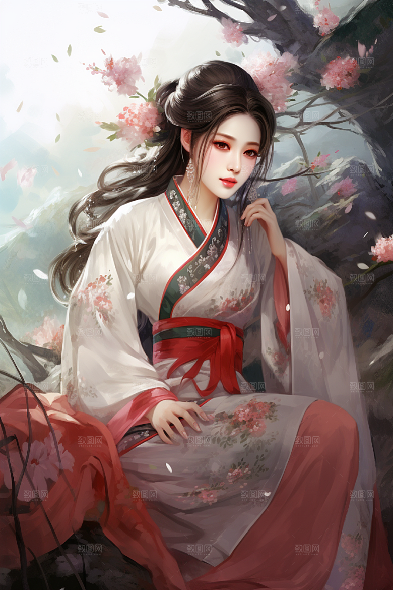 新中式美女艺术手绘插画