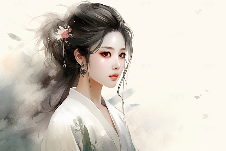 新中式美女水墨文艺插画