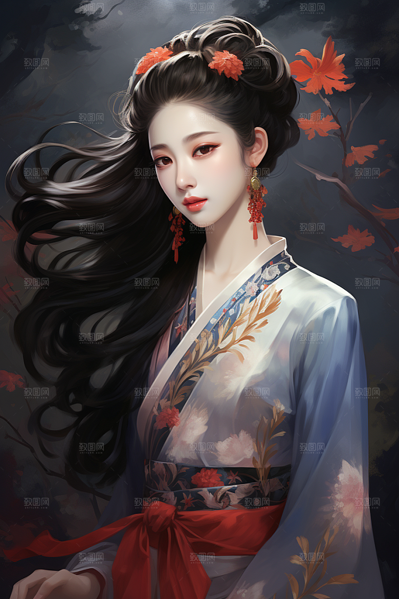 新中式美女水墨文艺插画