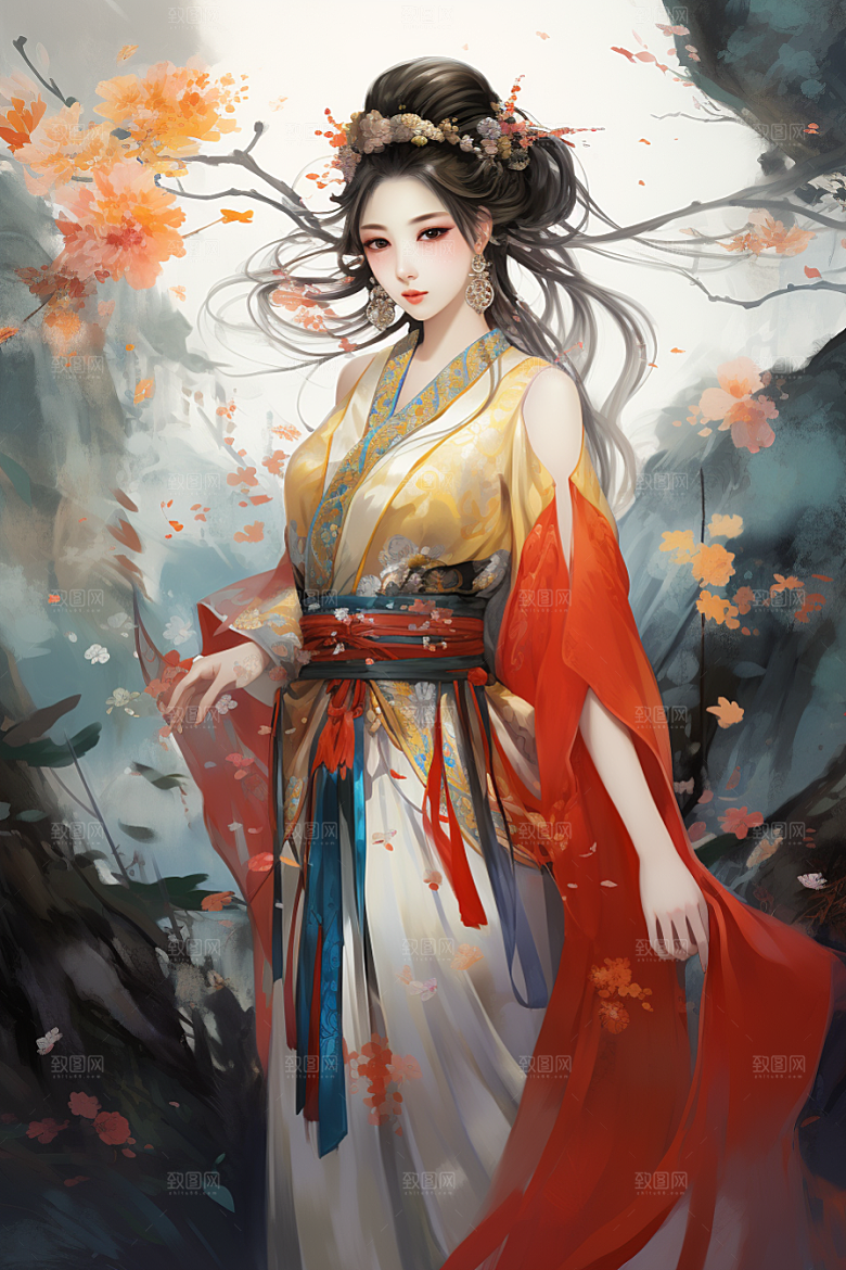 新中式美女唯美文艺插画