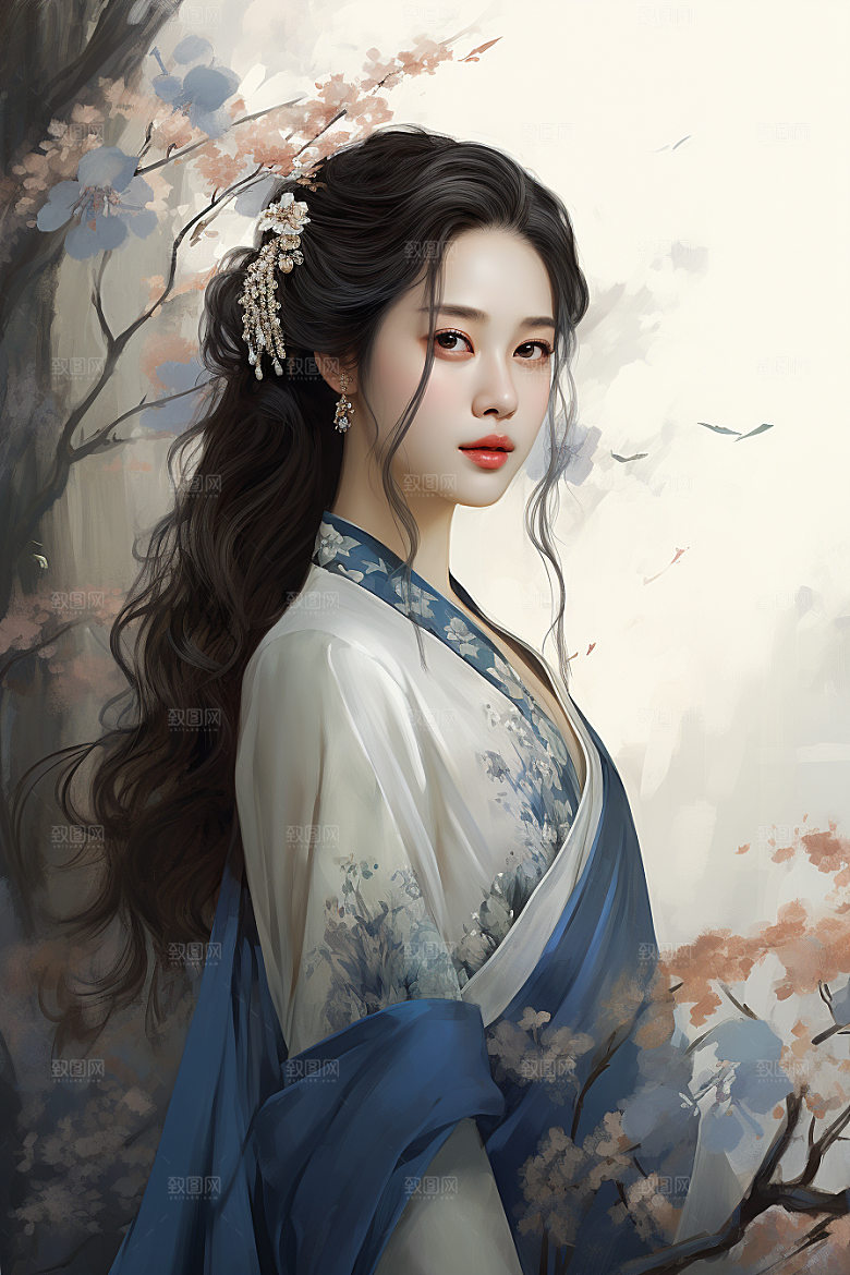 新中式美女手绘高清插画