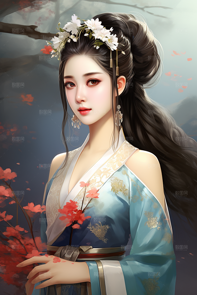 新中式美女高清手绘插画