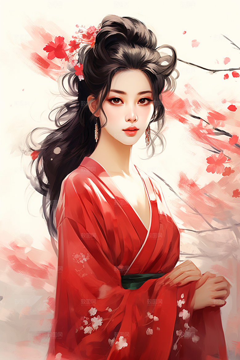 新中式美女手绘水墨插画