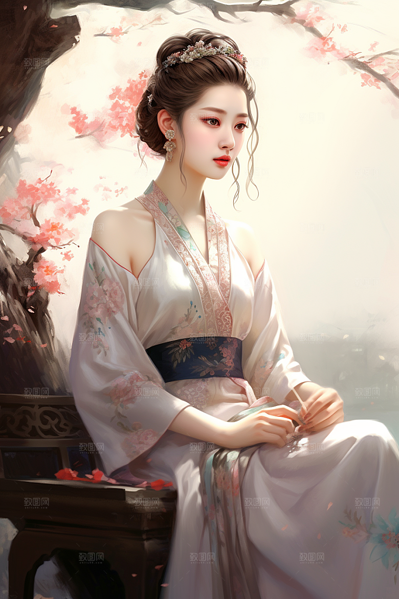 新中式美女文艺手绘插画