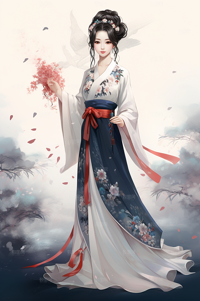 新中式美女文艺水墨插画