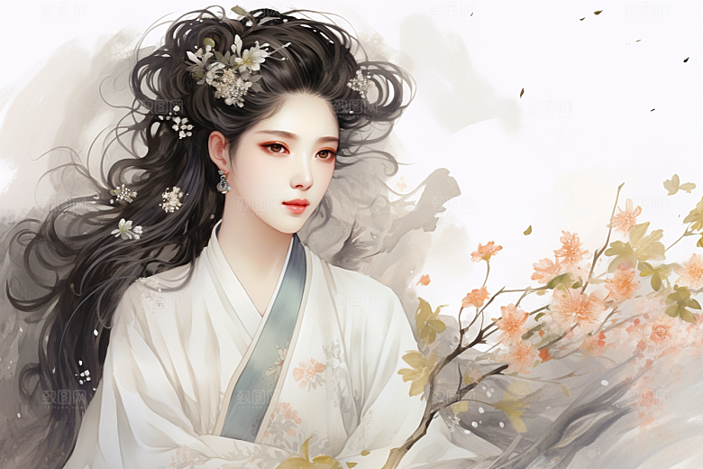 新中式美女水墨唯美插画