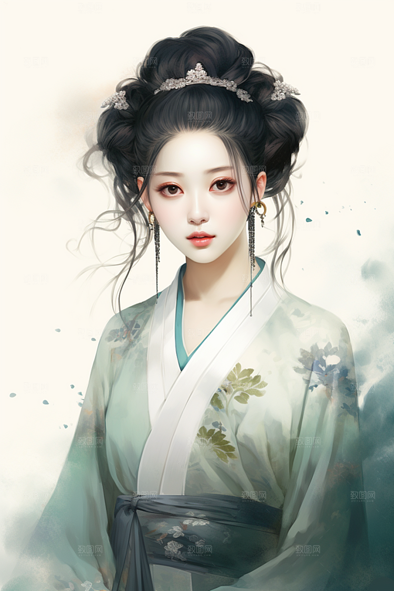 新中式美女高清水墨插画