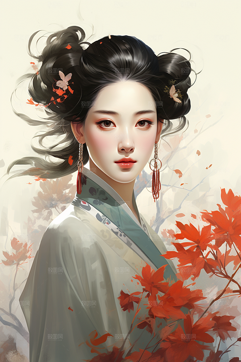 新中式美女中国风水墨插画