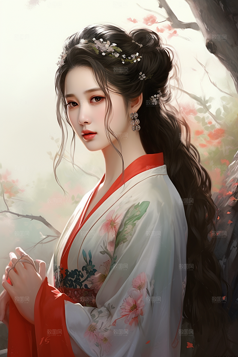 新中式美女温婉手绘插画