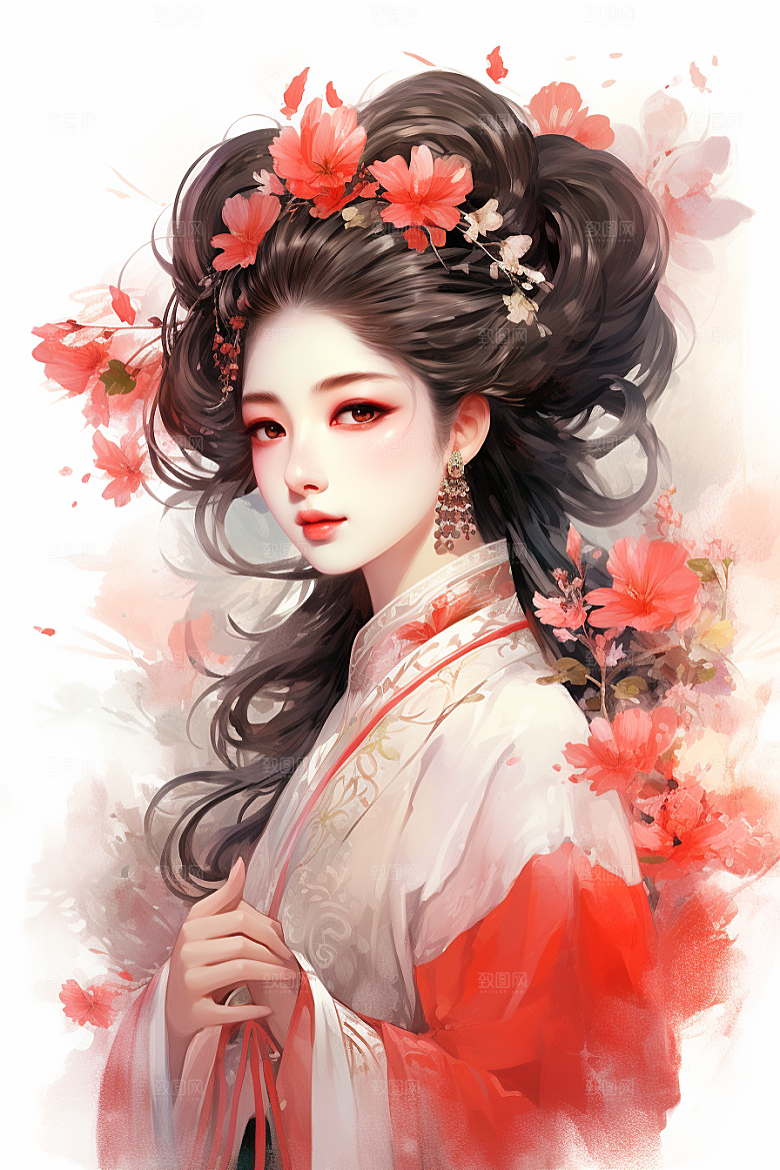 新中式美女水墨高清插画