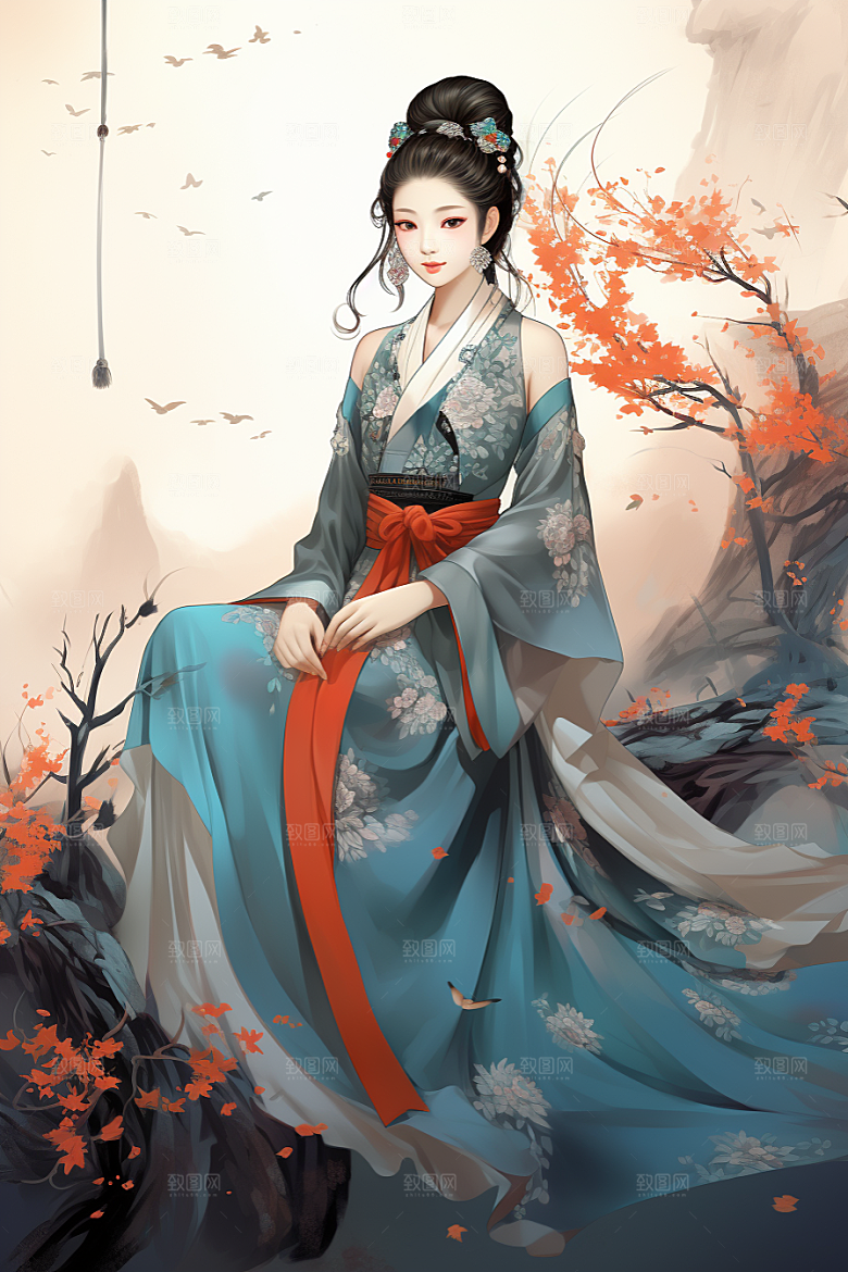 新中式美女温婉水墨插画