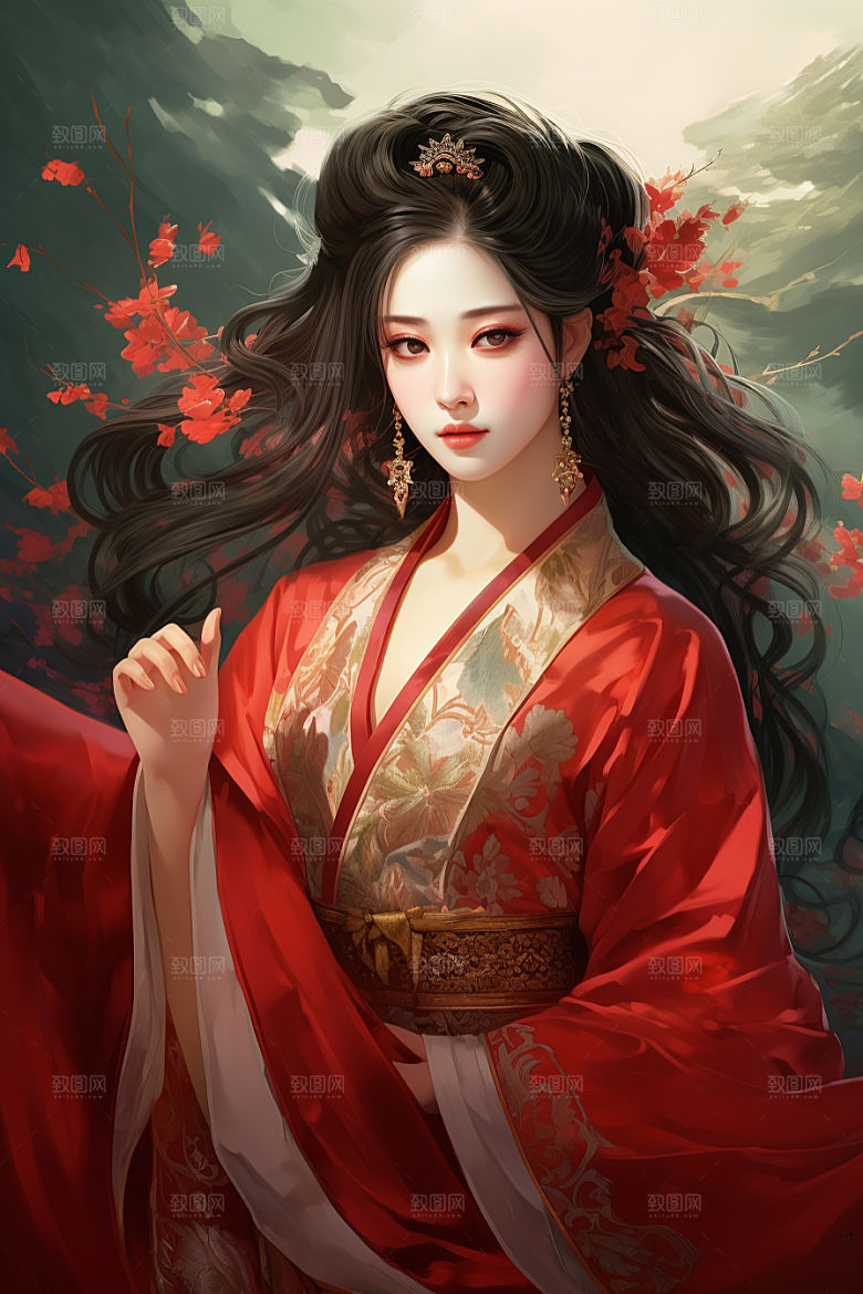 新中式美女文艺手绘插画