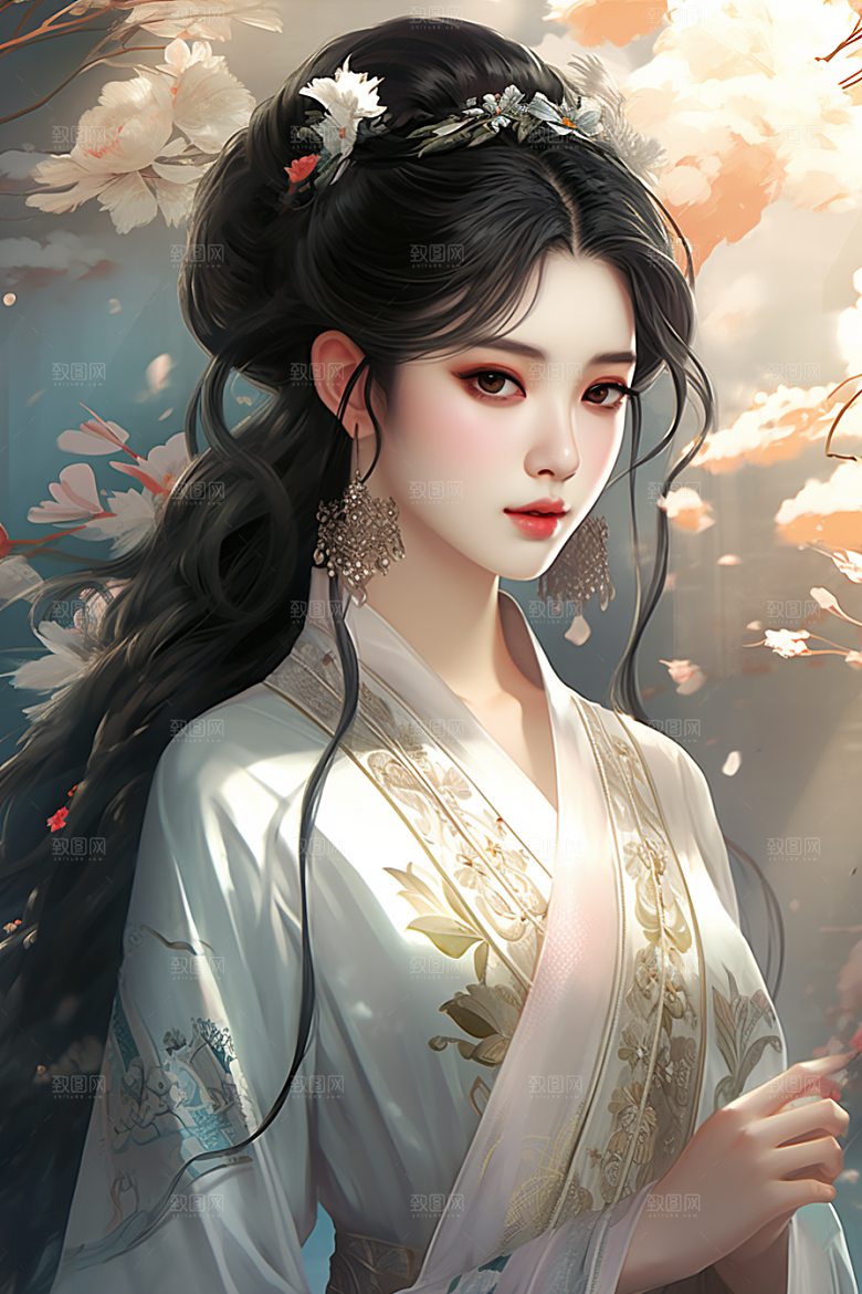 新中式美女温婉水墨插画