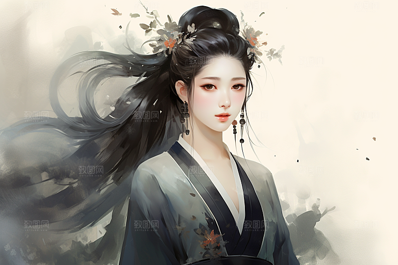 新中式美女水墨唯美插画