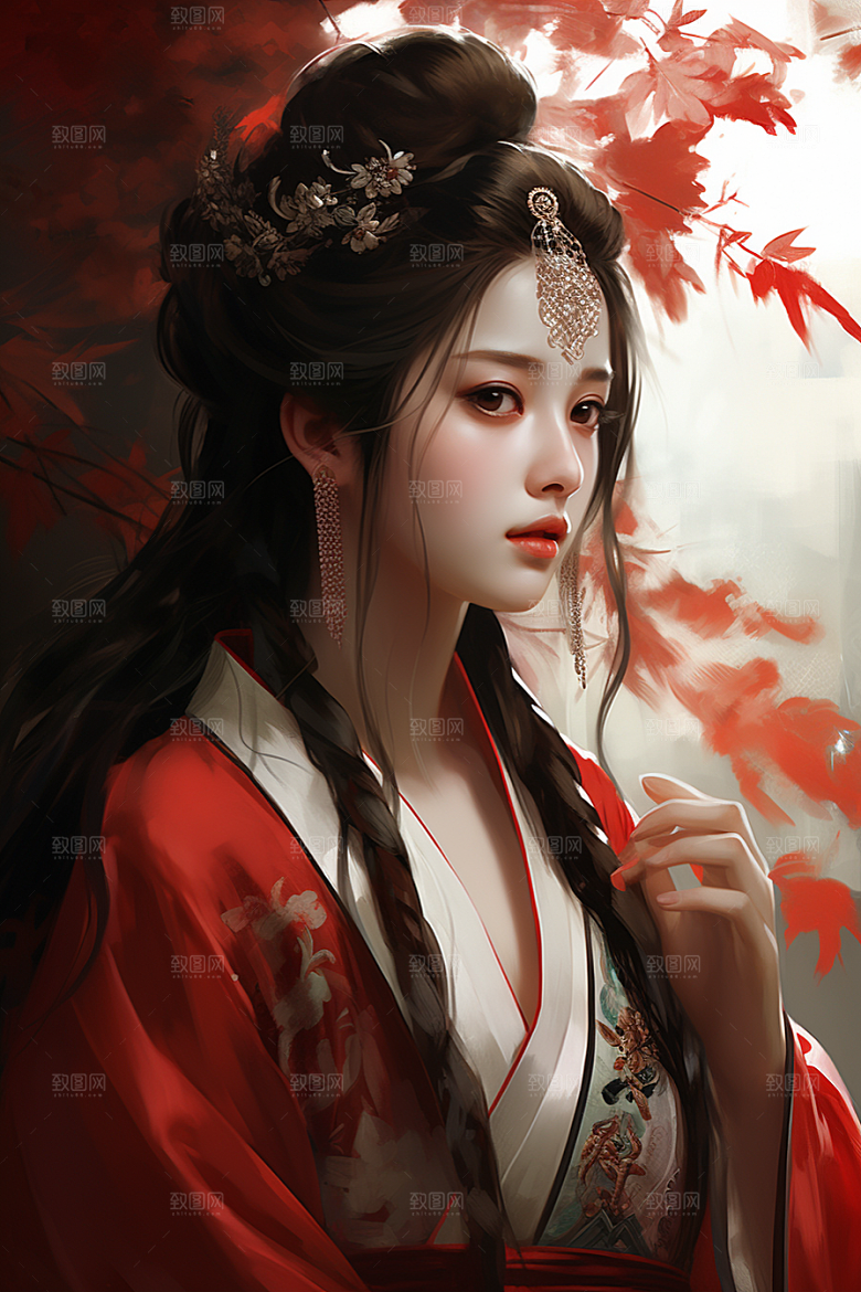 新中式美女手绘文艺插画