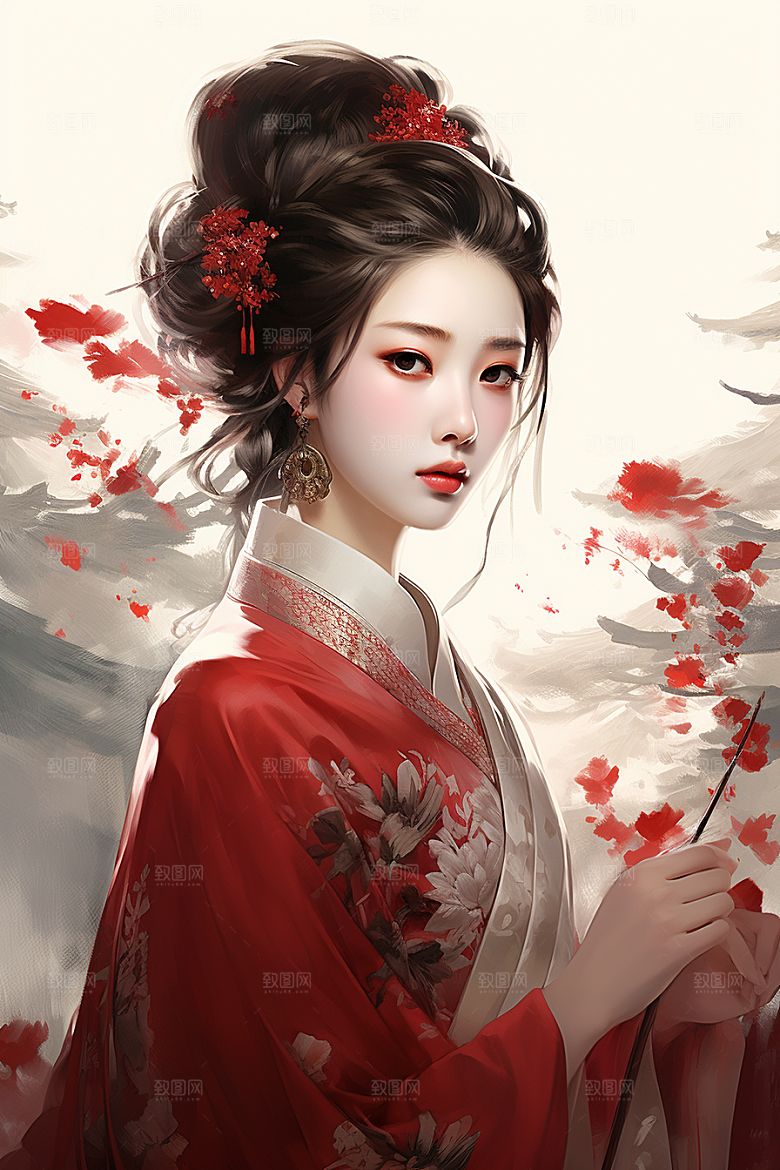 新中式美女文艺高清插画