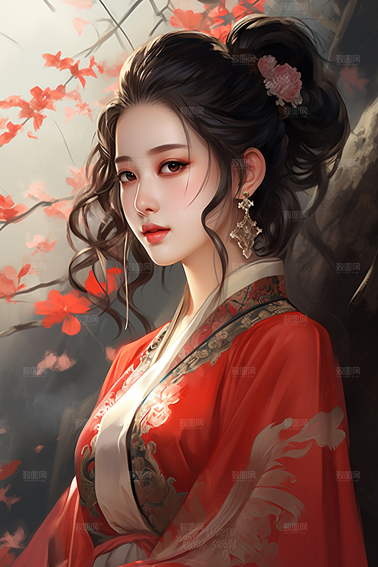 新中式美女水墨手绘插画
