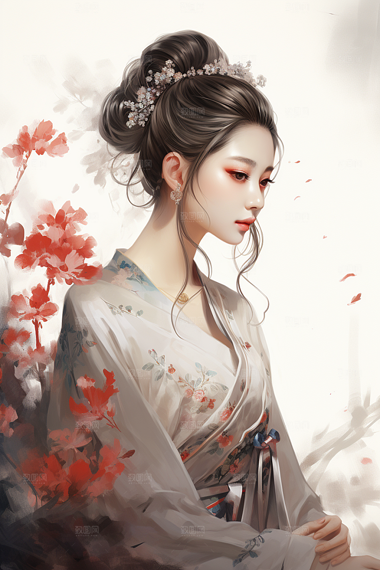 新中式美女文艺手绘插画