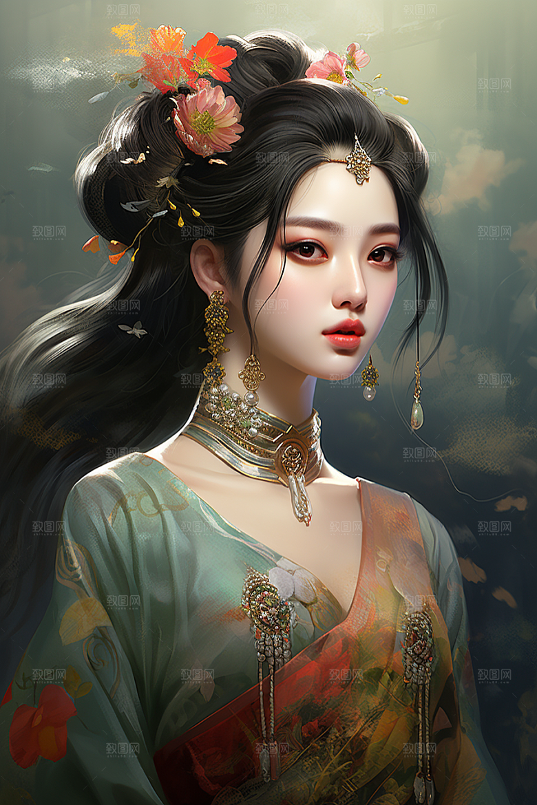 新中式美女中国风文艺插画