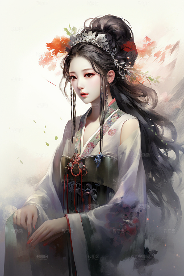 新中式美女文艺水墨插画