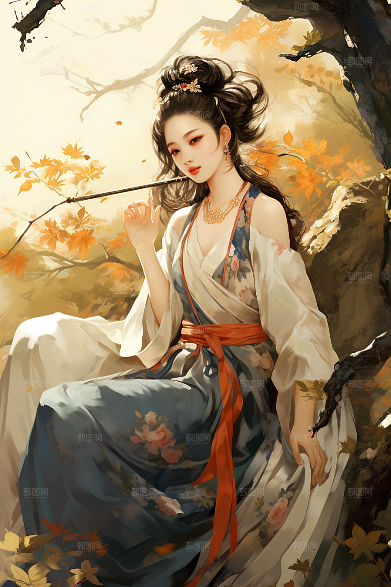 新中式美女温婉高清插画