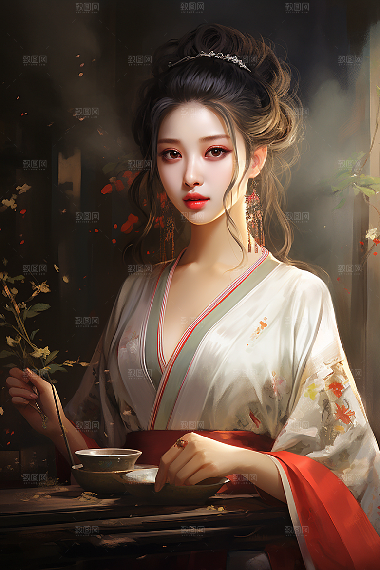 新中式美女艺术水墨插画