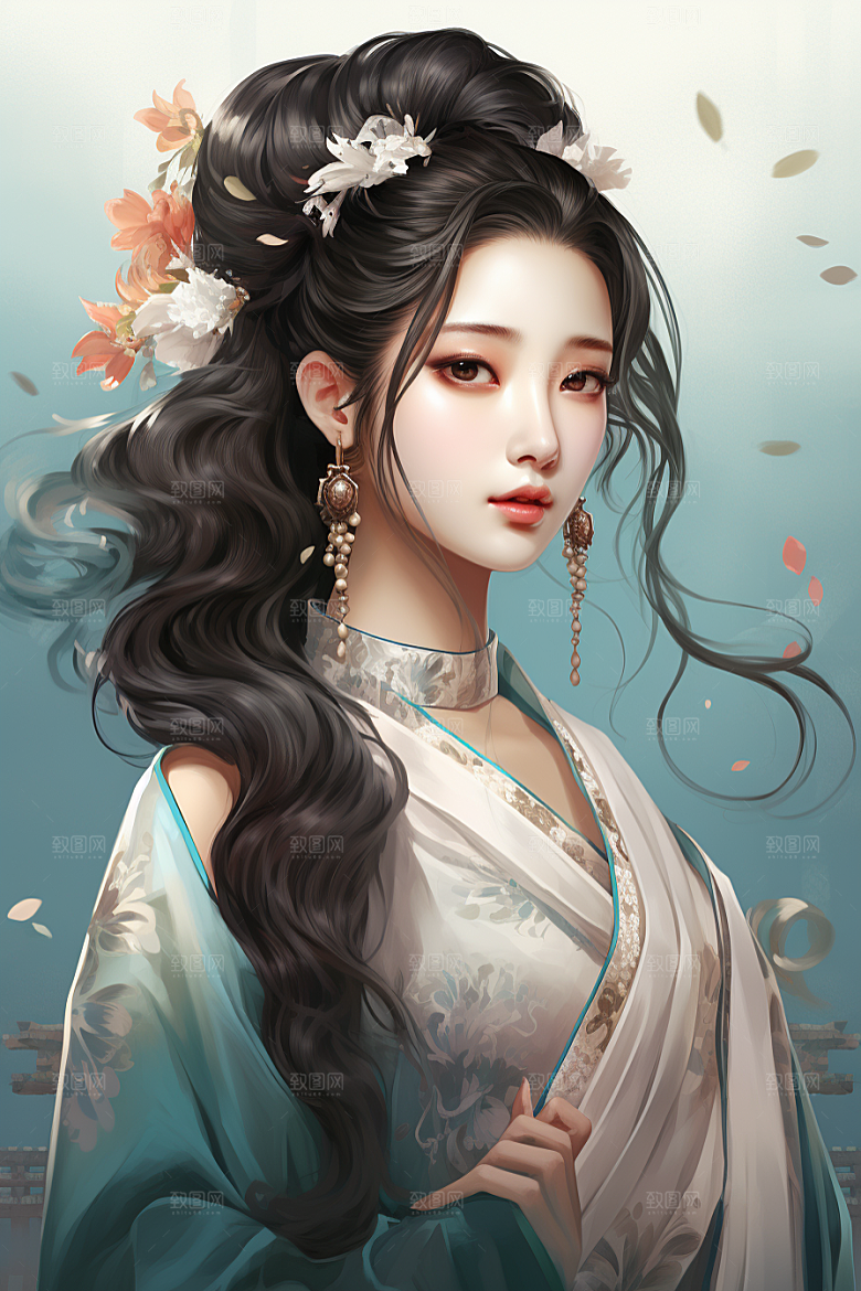 新中式美女艺术水墨插画