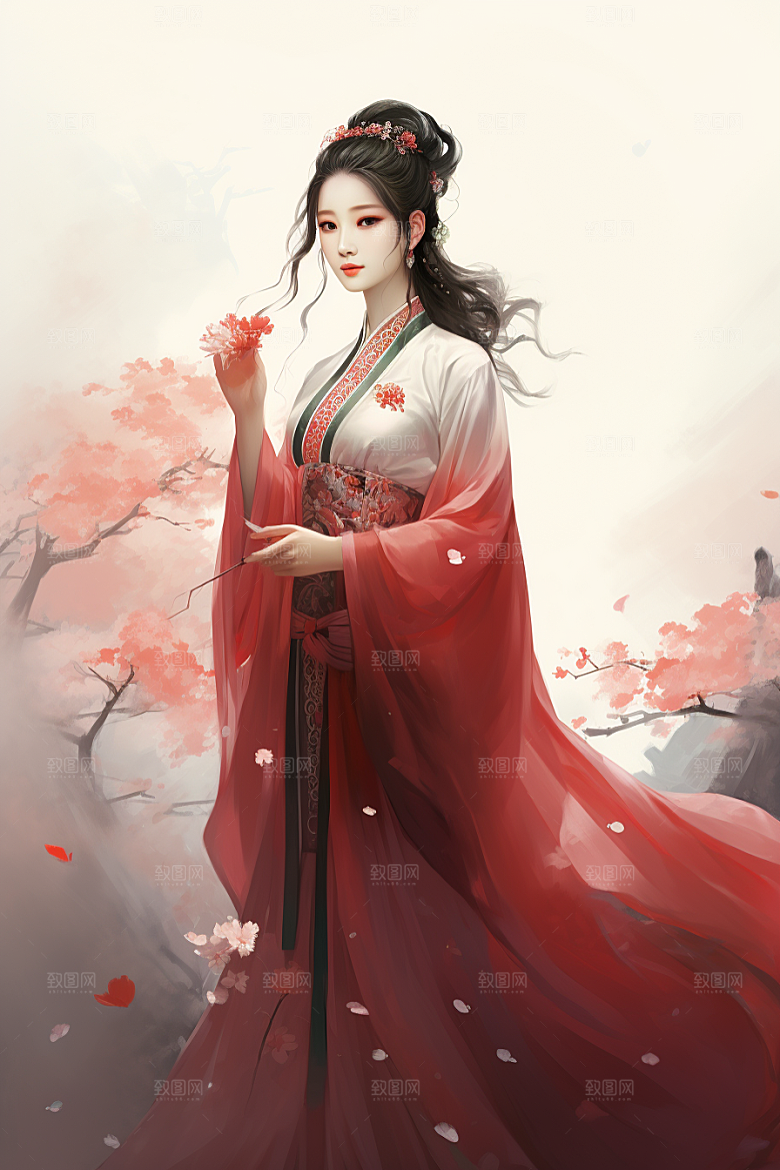 新中式美女唯美手绘插画