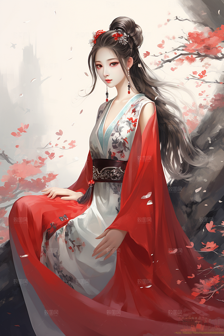 新中式美女唯美文艺插画