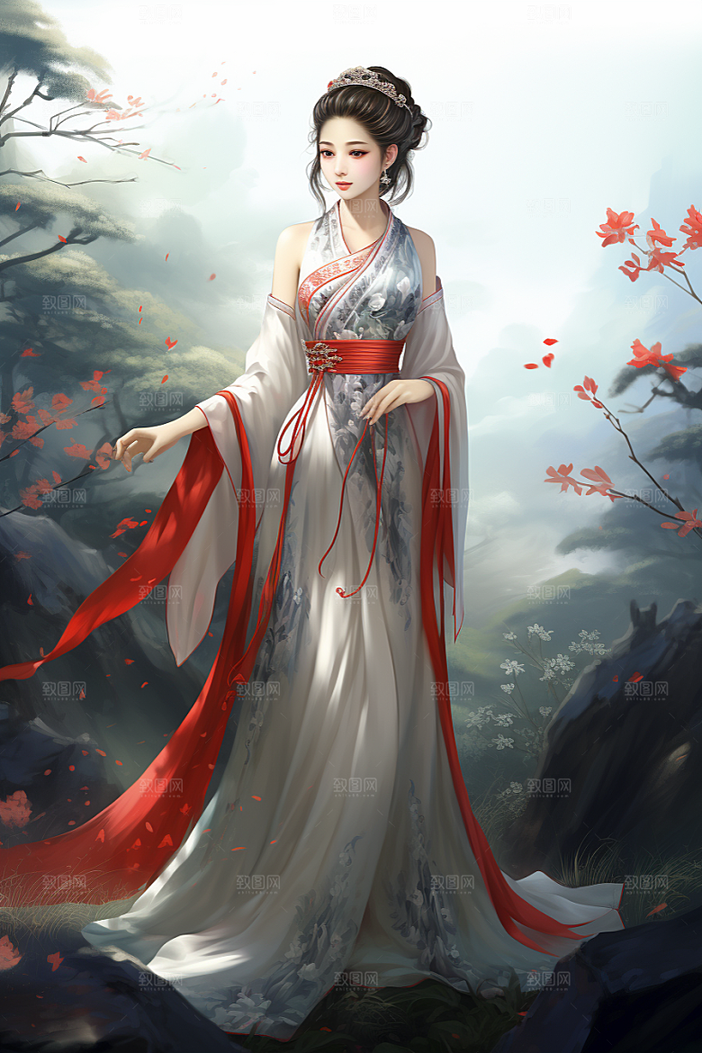 新中式美女文艺手绘插画