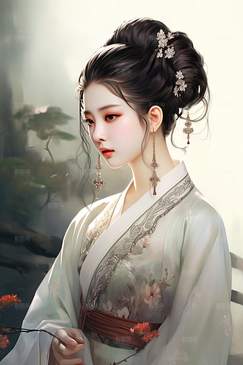 新中式美女文艺手绘插画