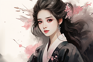 新中式美女唯美手绘插画