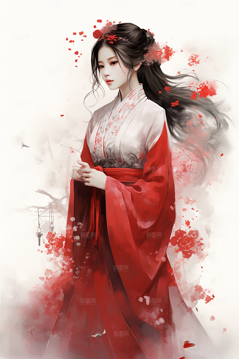 新中式美女手绘艺术插画