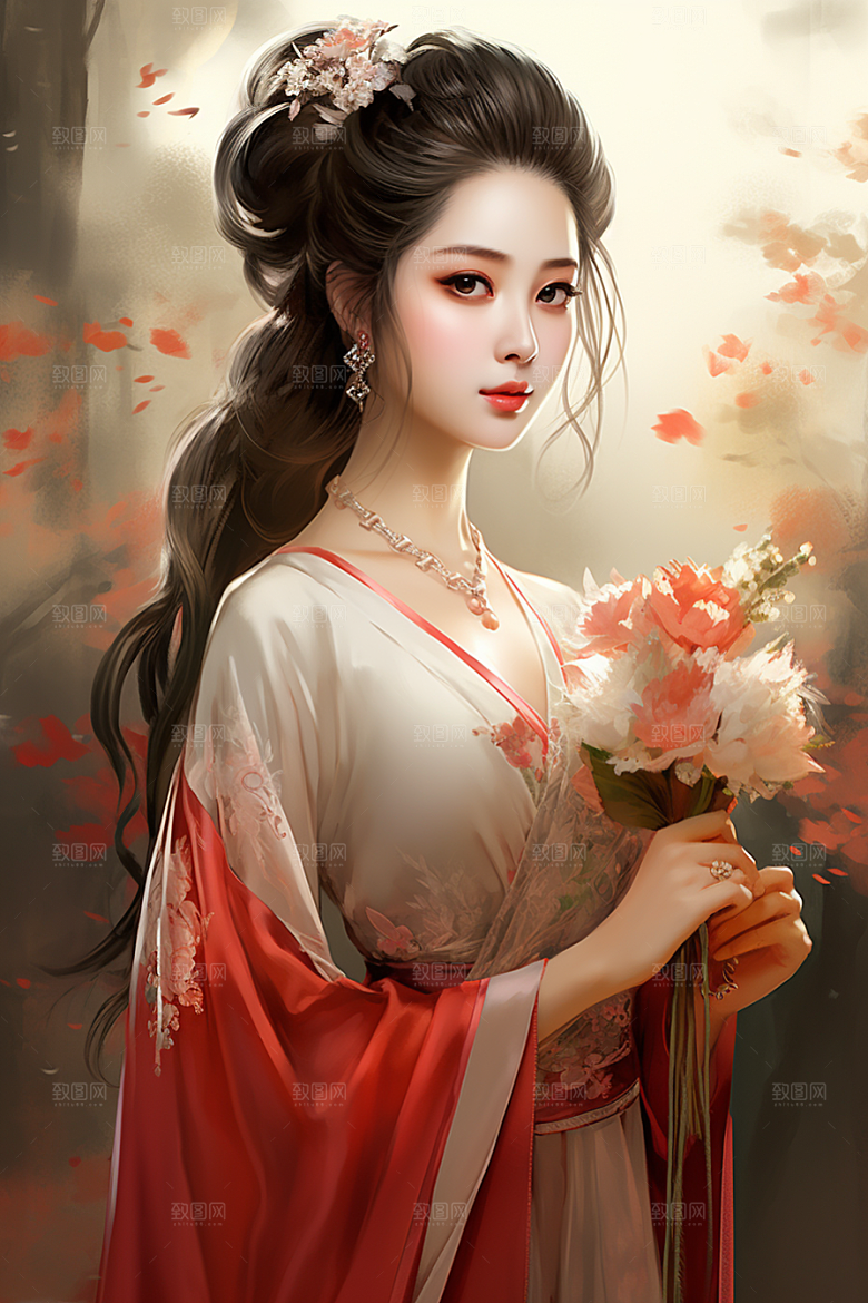 新中式美女中国风水墨插画