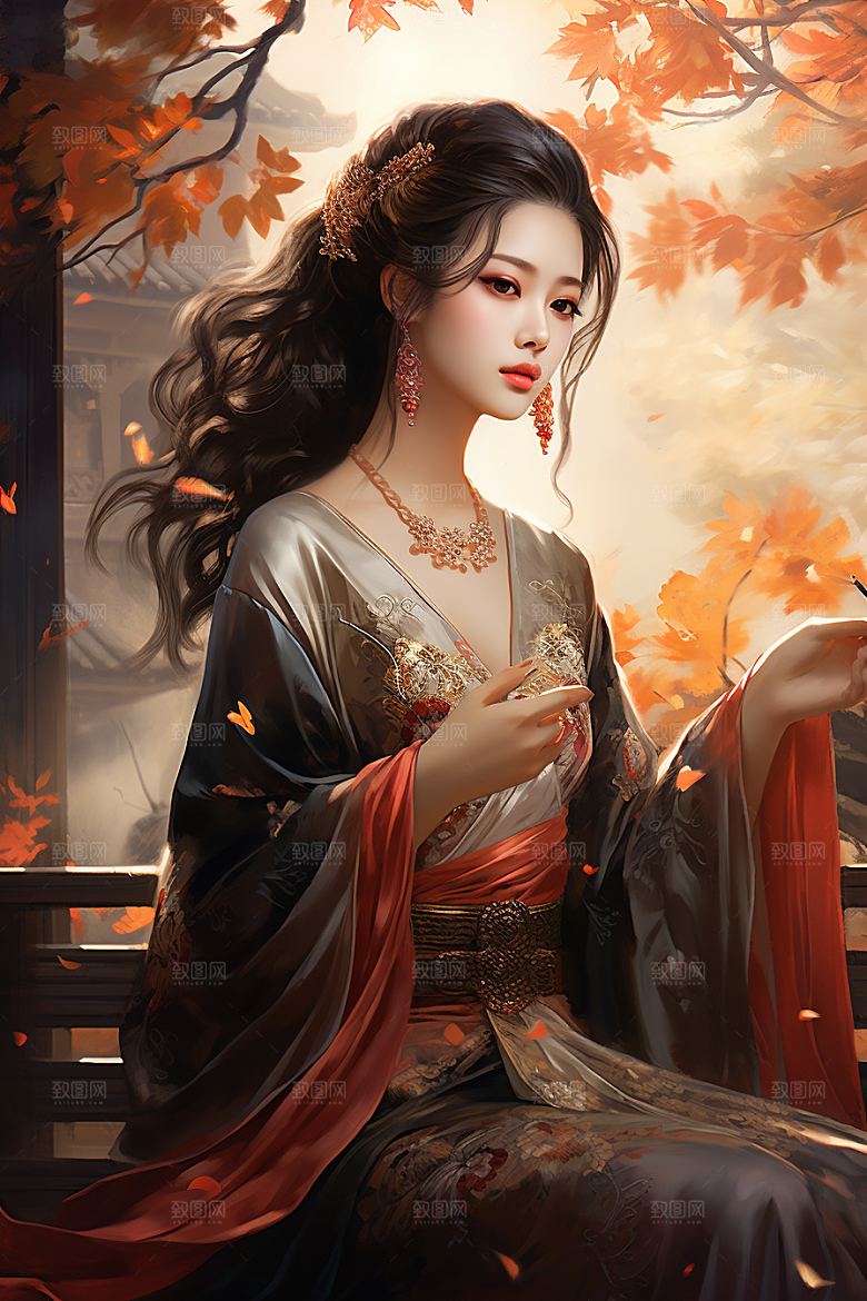 新中式美女温婉水墨插画