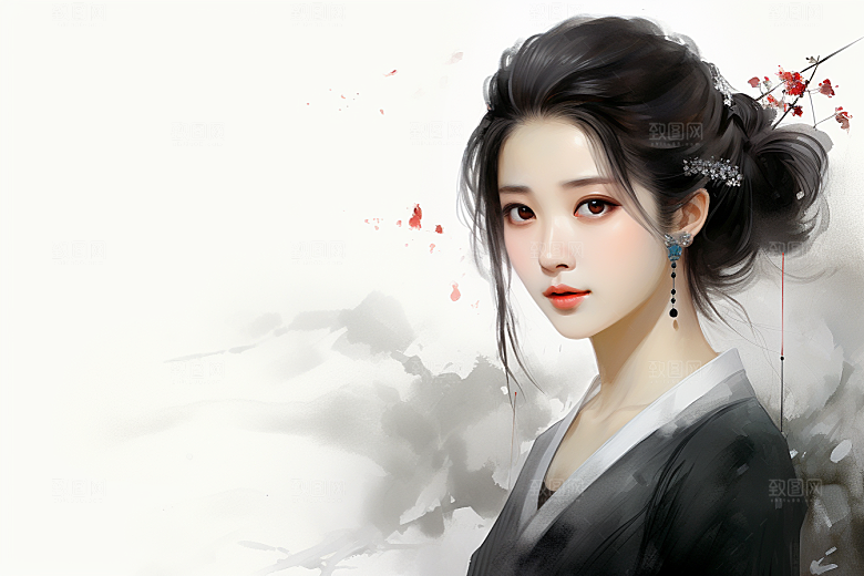 新中式美女水墨唯美插画