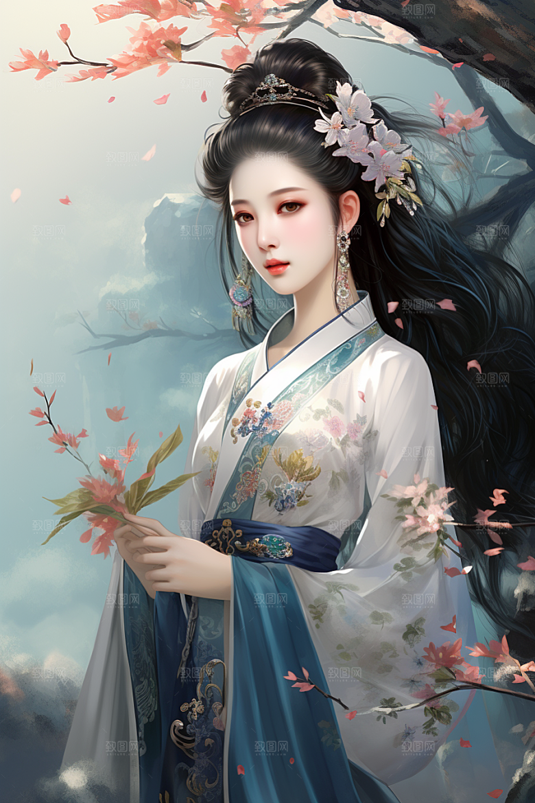 新中式美女手绘文艺插画
