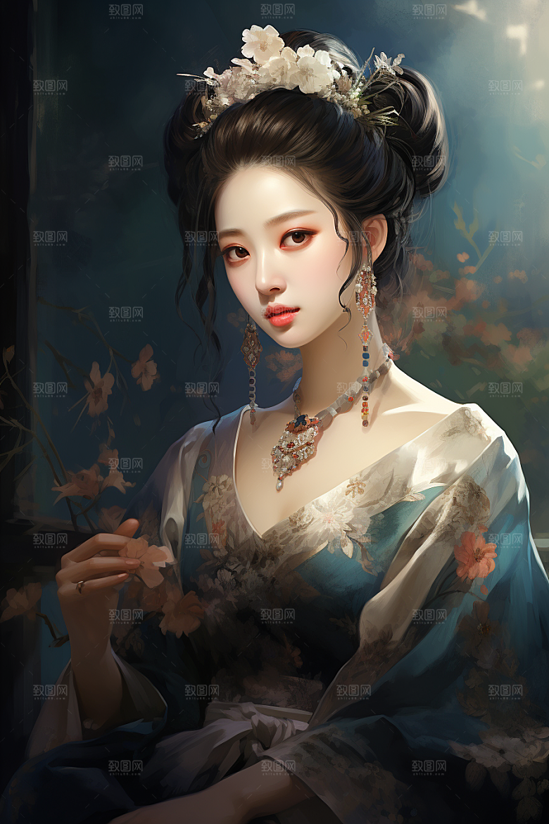 新中式美女水墨手绘插画