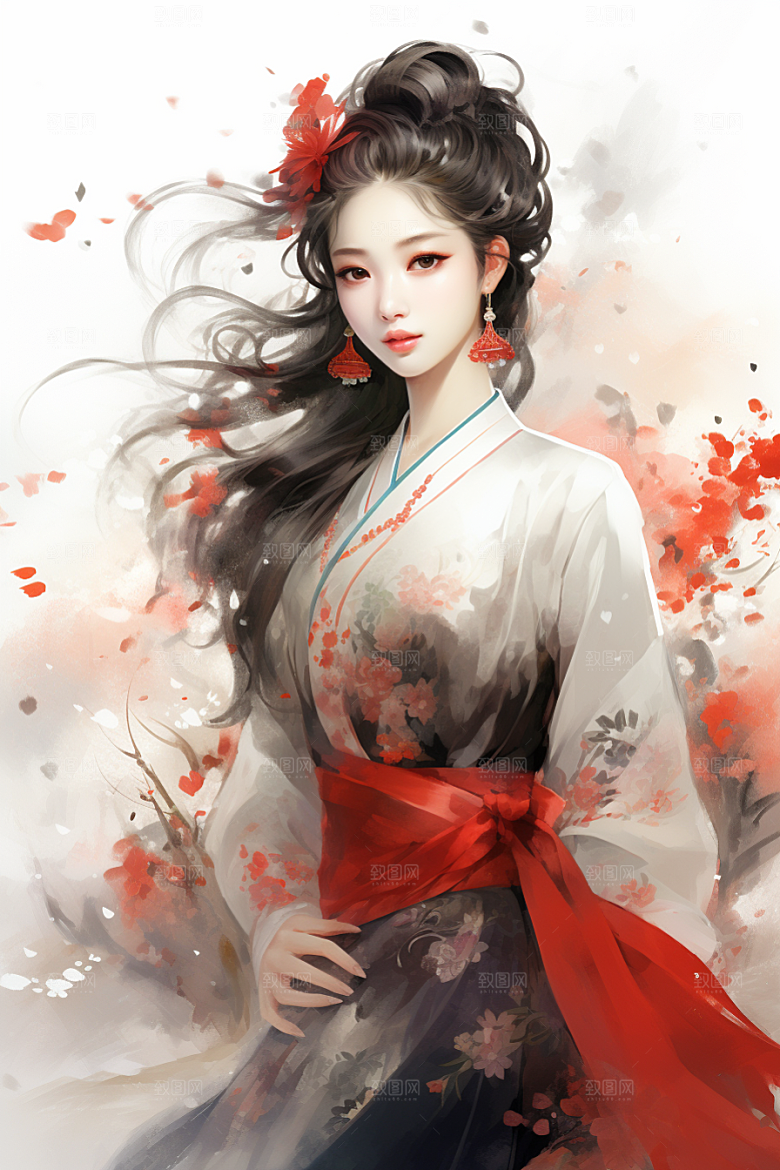 新中式美女水墨高清插画