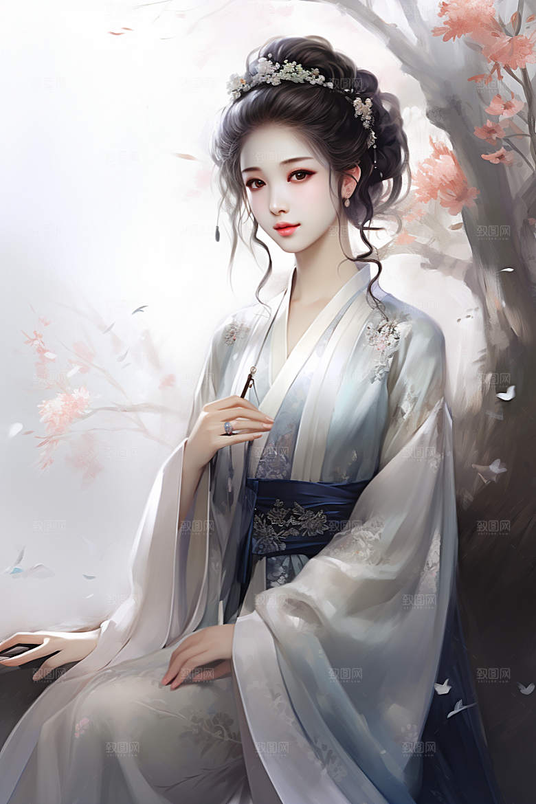 新中式美女手绘唯美插画