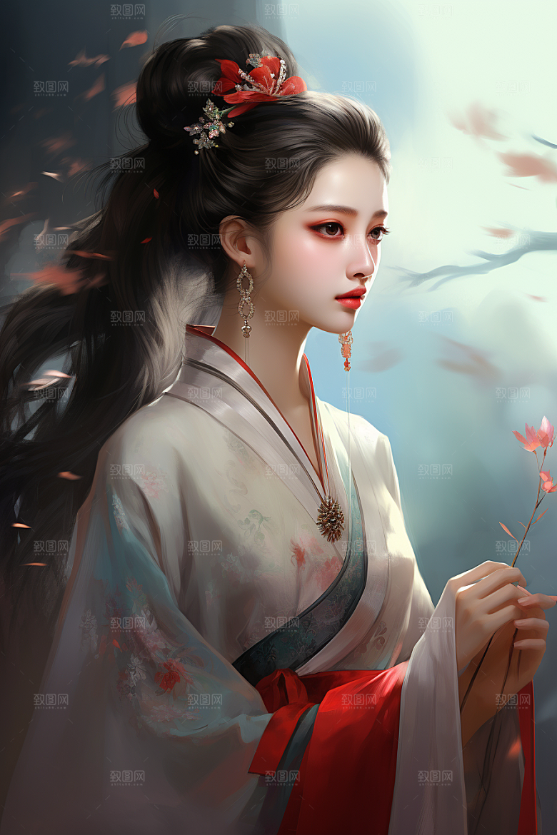 新中式美女水墨手绘插画
