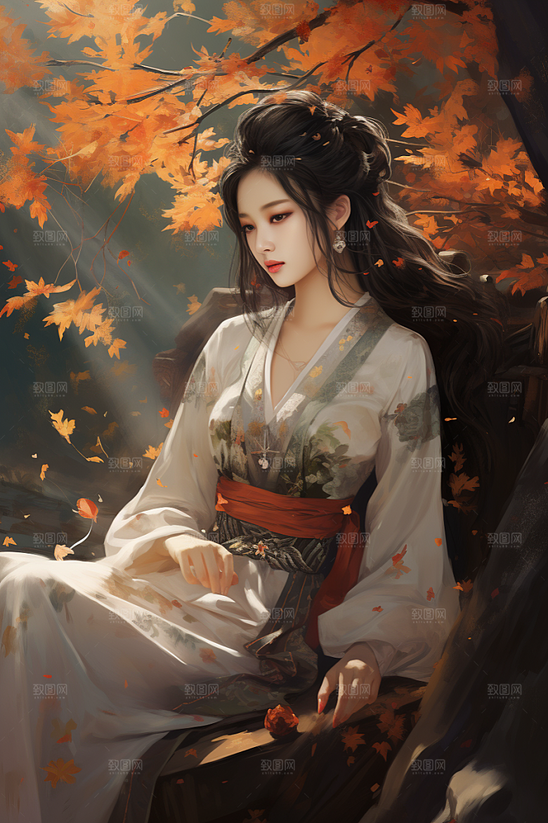 新中式美女艺术手绘插画