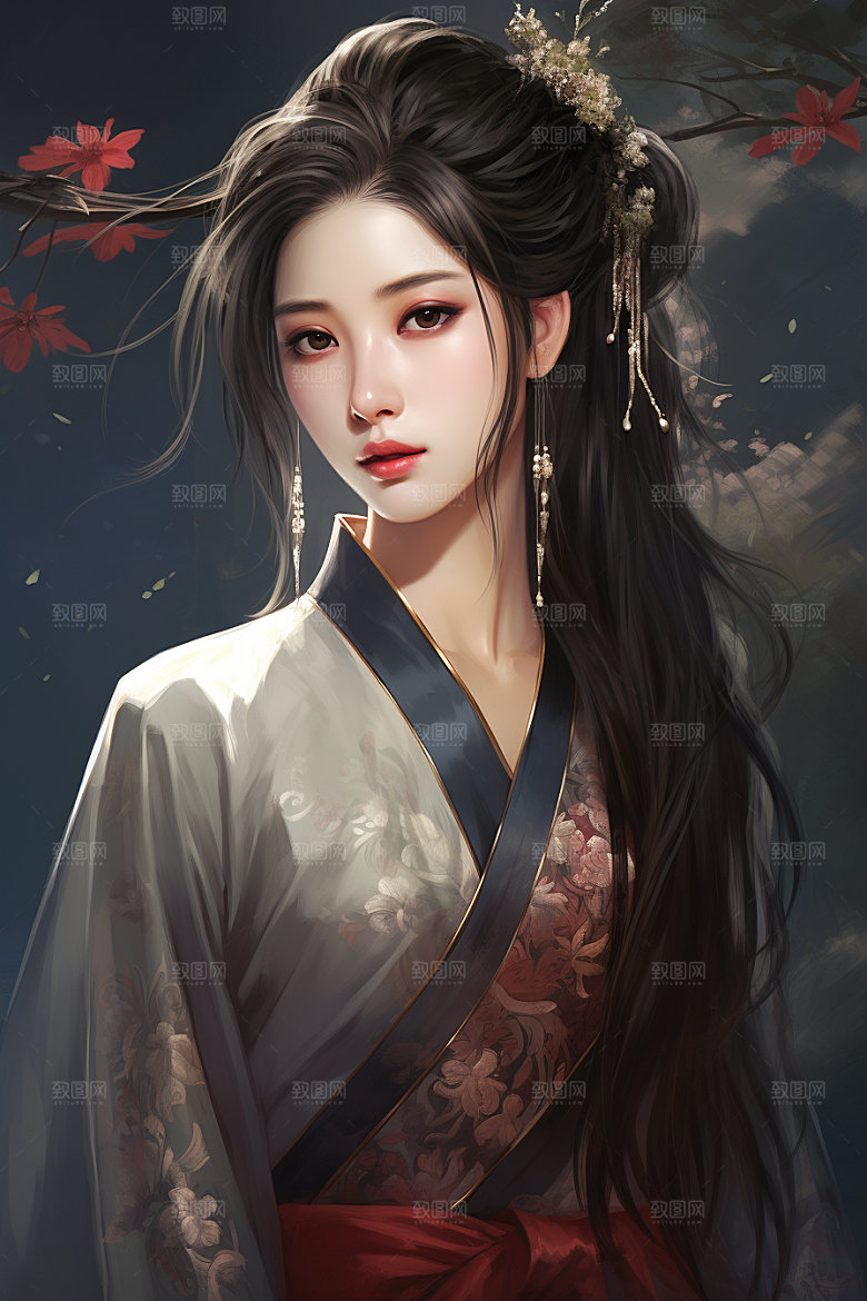 新中式美女手绘艺术插画
