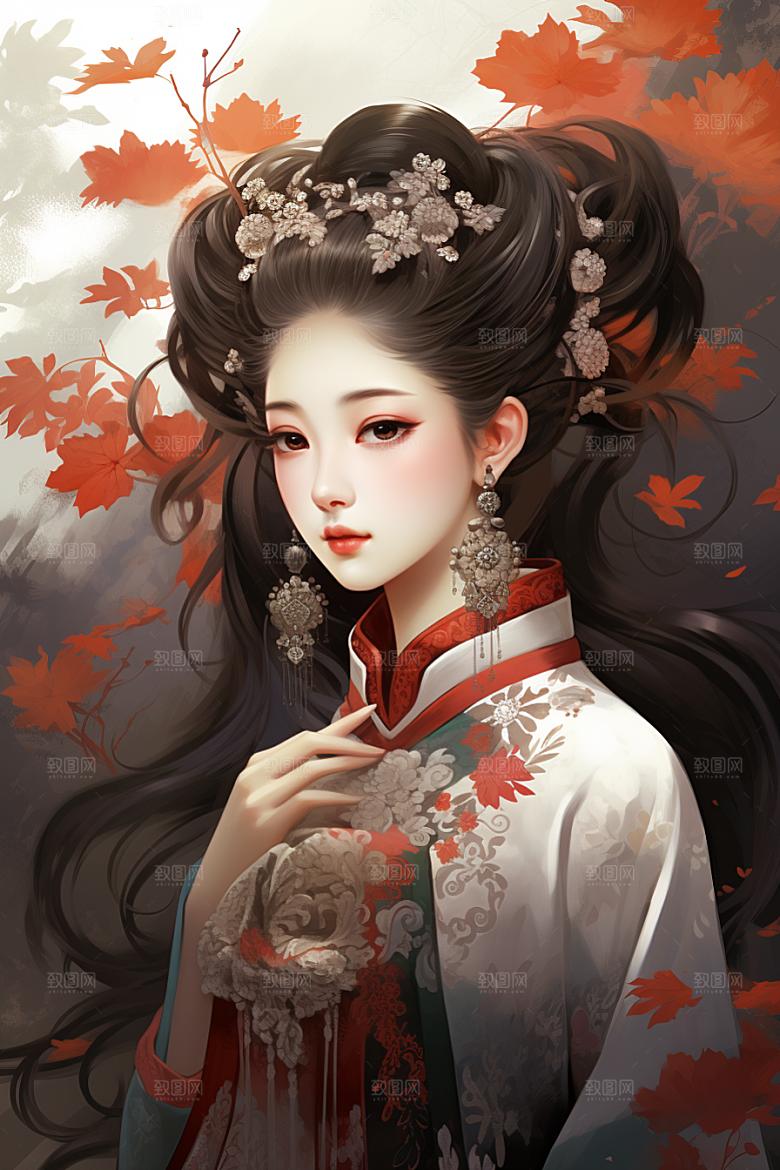 新中式美女手绘高清插画