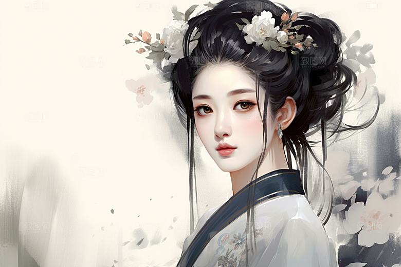 新中式美女唯美手绘插画