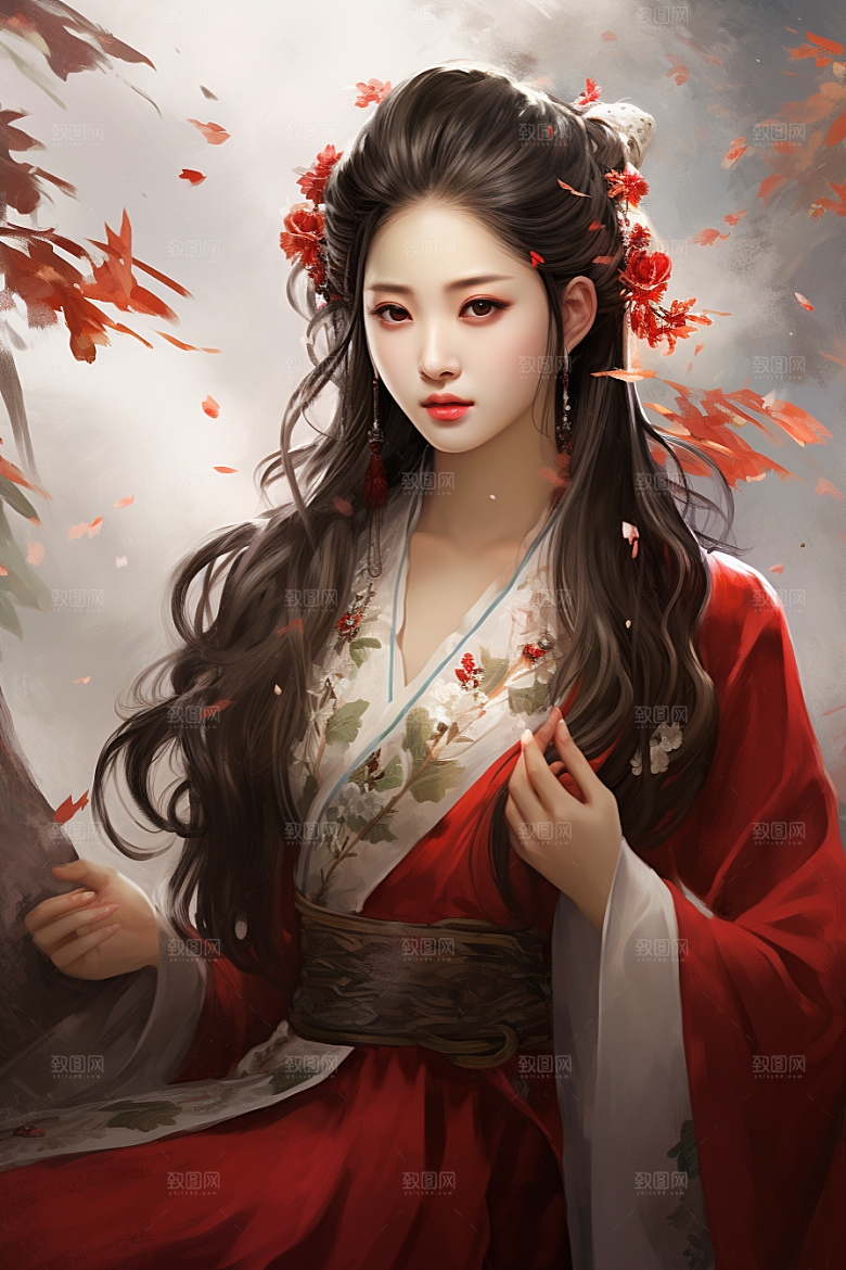 新中式美女手绘文艺插画