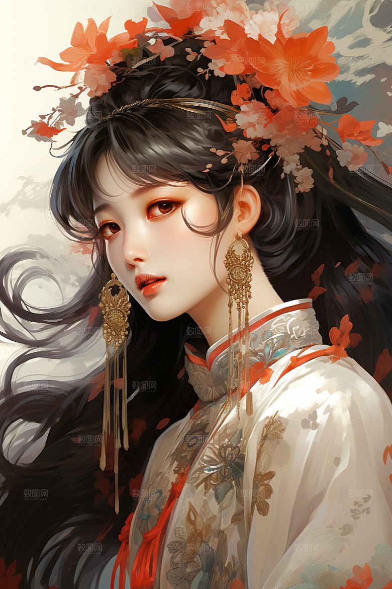 新中式美女温婉手绘插画