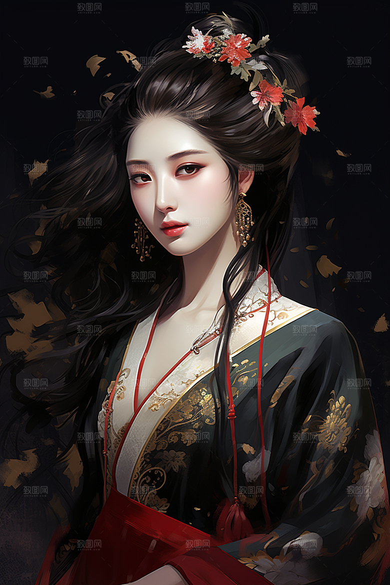 新中式美女水墨唯美插画